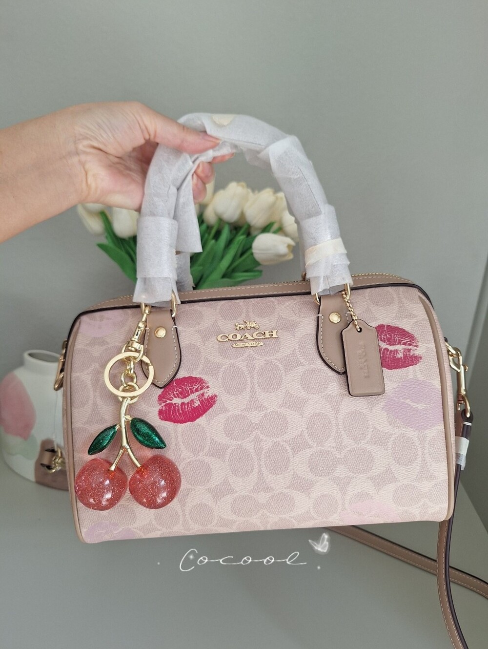 NWT Coach Rowan Satchel Bag In Signature Canvas With Lips Print Cherry Keychain